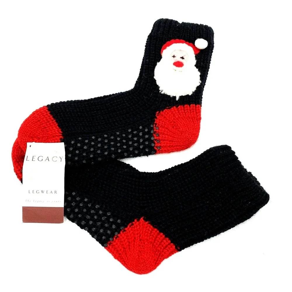 Christmas Santa Slipper Socks Black & Red One Size with Bottom Grips NEW